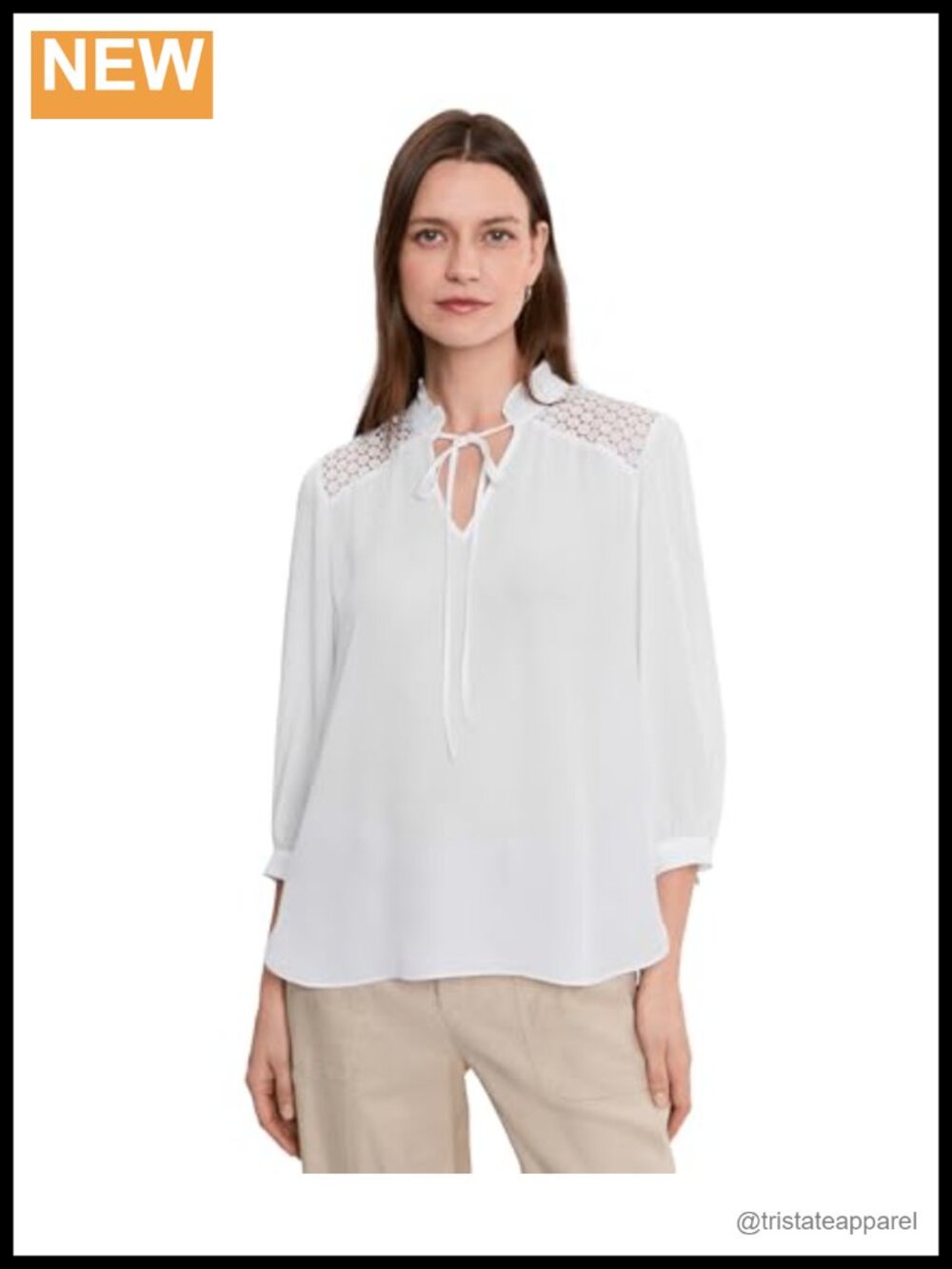 NYDJ Women's Lorelei Blouse Ruffle Collar Lace Yoke Long Sleeve Button Front